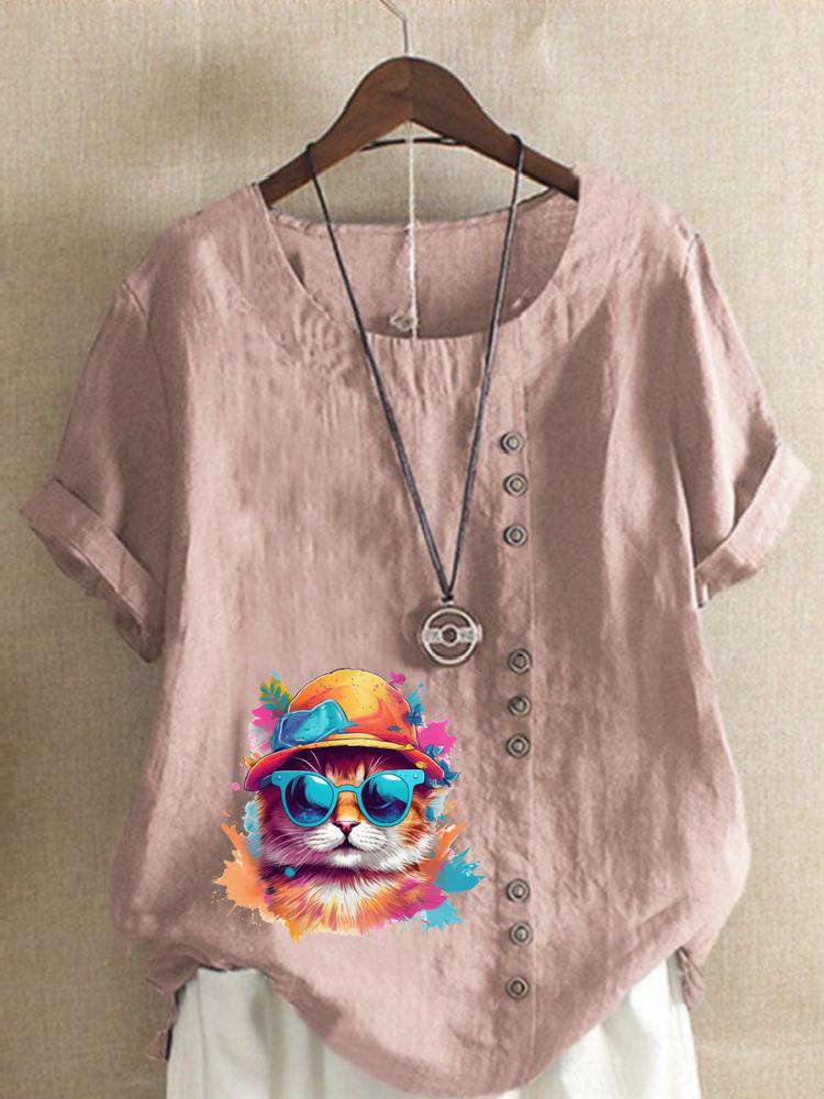 Women's Fashion Colorful Cat Print Round Neck Short Sleeve T-shirt Summer Casual Cotton Linen Graphic Shirt Leisure Loose Blouse Tops