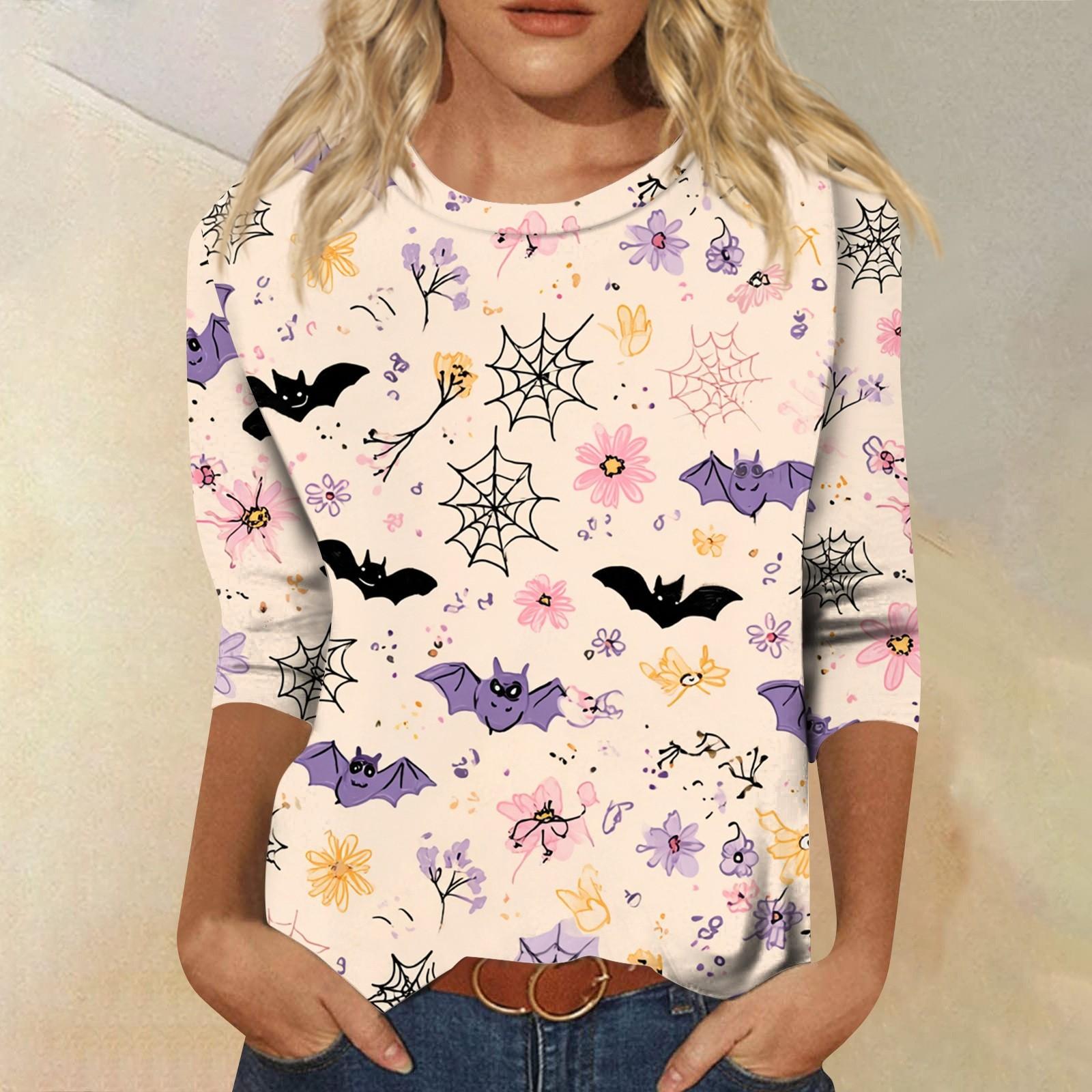 

Женские топы Рубашка с рукавом три четверти V-образный вырез Свободная повседневная рубашка Футболка с принтом M бежевый