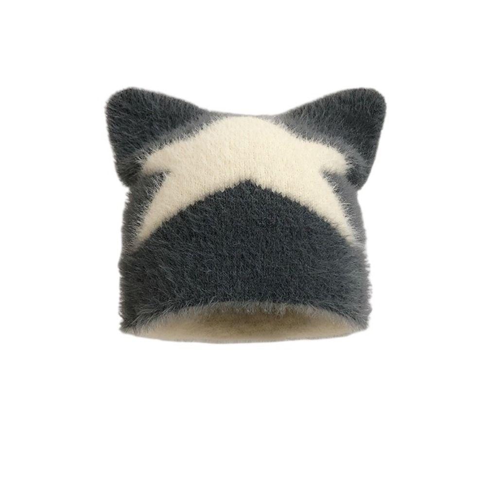 

Star Cat Ear Woolen Hat Korean Style Brimless Beanie Cap Personality Knitted Pullover Hat Autumn gray-star