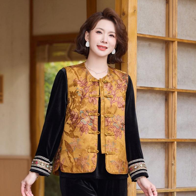 

2026 Chinese Embroidered Vest Three-Piece Set for Mature Women - Elegant National Style Spring Outfit 5XL (150-165 Jin)