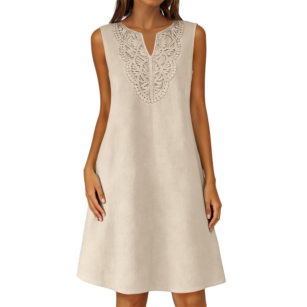 Ärmelloses Midikleid für Damen mit V-Ausschnitt, lässiges Strand-Überkleid, Sommerkleid aus Leinenmischung mit Stickerei
