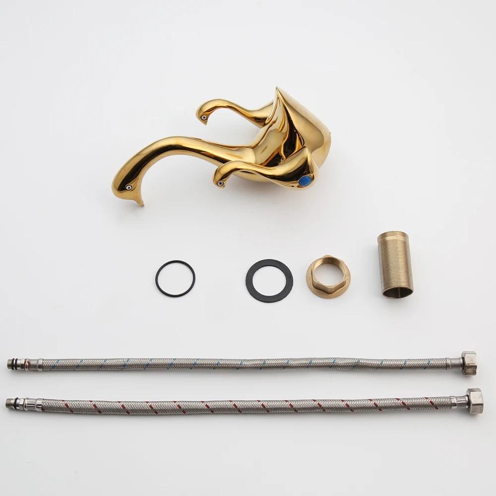 Dual Handles Gold Chrome Swan Duck Bathroom Basin Sink Mixer Taps Deck Mounted Dolphin Gem Bathroom Widespread Faucet Taps
