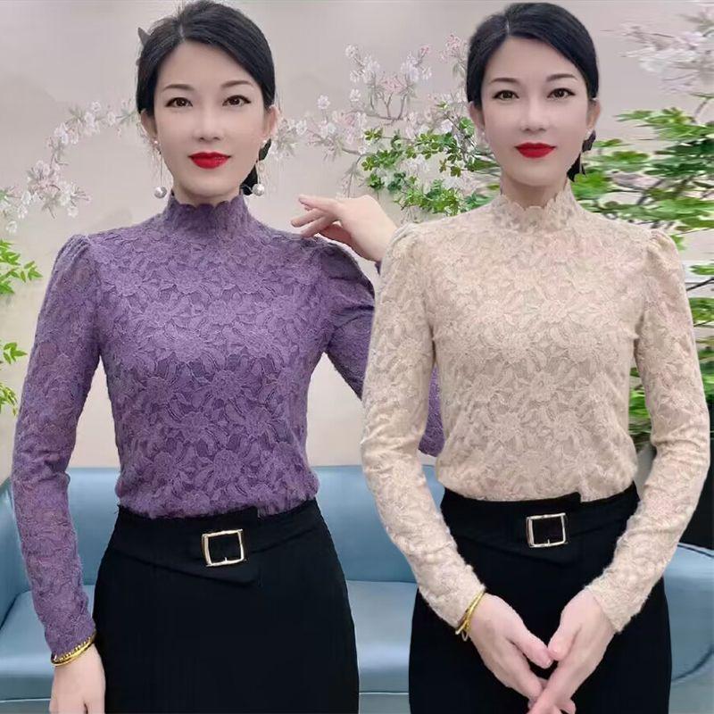Damen 2025 Stilvolles Jacquard-Spitzen-Basisoberteil Langarm mit halbem Stehkragen für Herbst/Winter