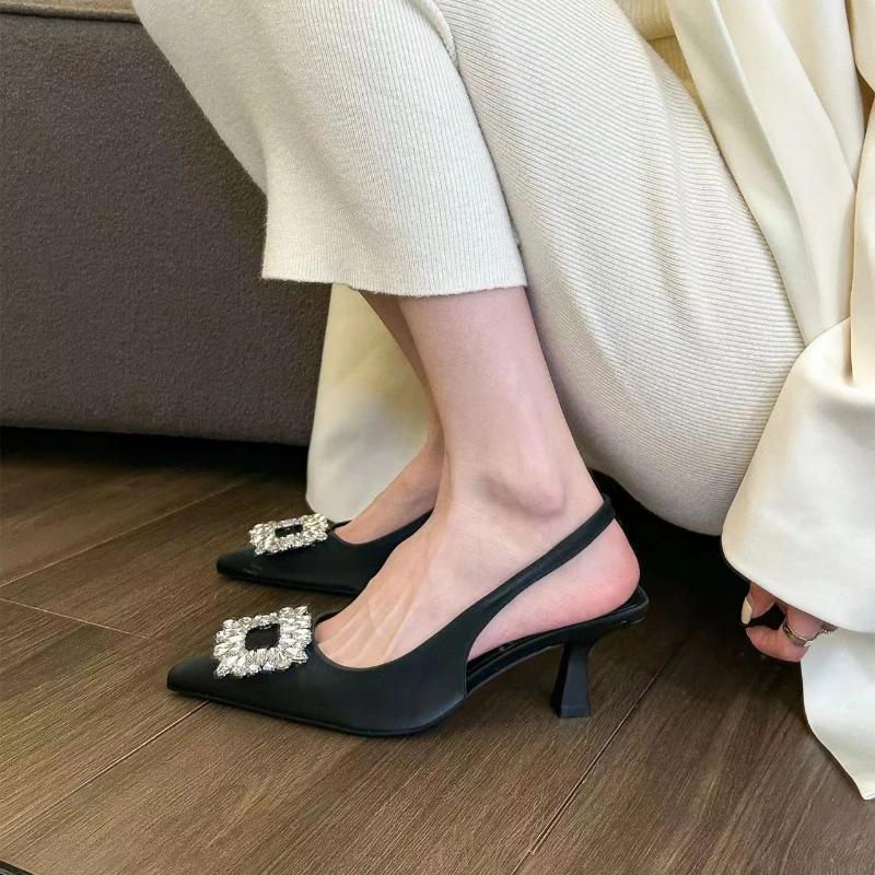 Women's Shoes 2025 Slingbacks Women's High Heels Slip on Dress Pumps Women Crystal Square Button Pointed Toe Thin Heel Sandals