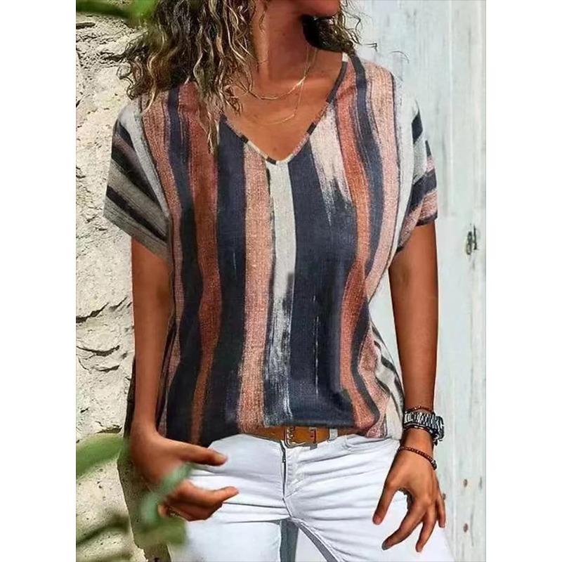 Summer V-neck 3D Printed Top Fashionable Casual Short Sleeved Women's T-shirts