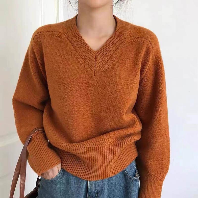 Sweater for Women Autumn Winter Thickened Warm Knitted Stretchy Long Sleeve V-neck Tops