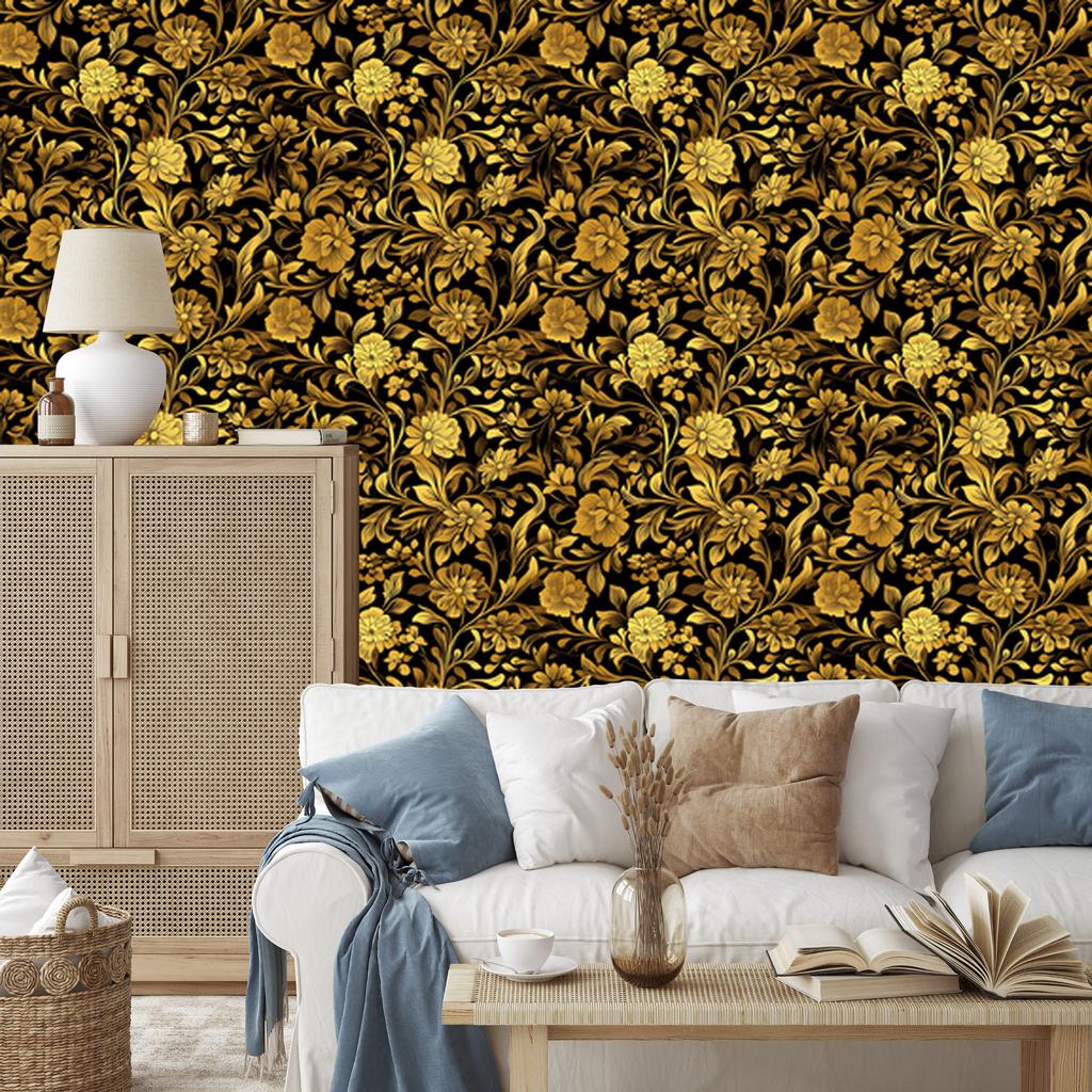 Golden Hibiscus Ochre Wallpaper, Ochre Medium for Living Room and Bedroom 50x1000
