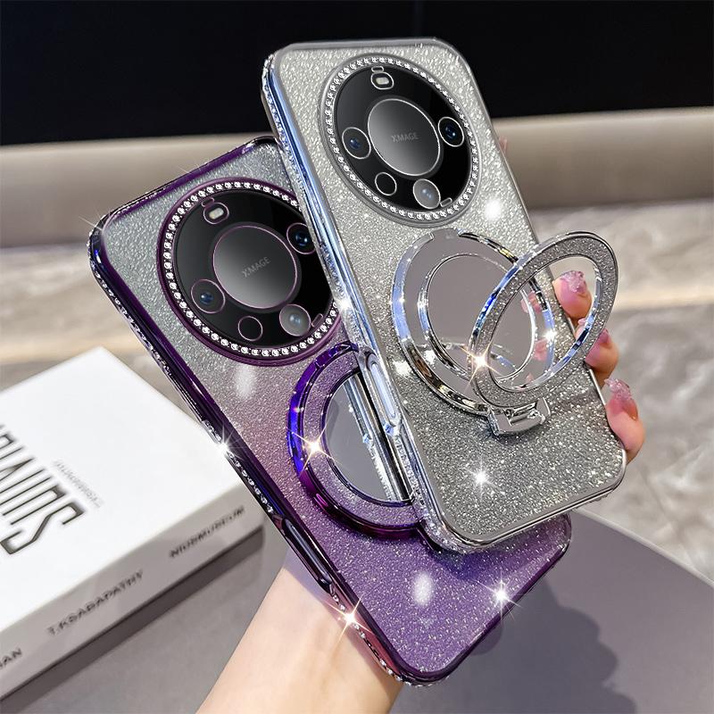 KEYSION Luxury Glitter Jewelled Magnetic Phone Case for Huawei Mate 60 Pro 50 Pro 40 Pro Makeup Mirror Stand Shockproof Cover