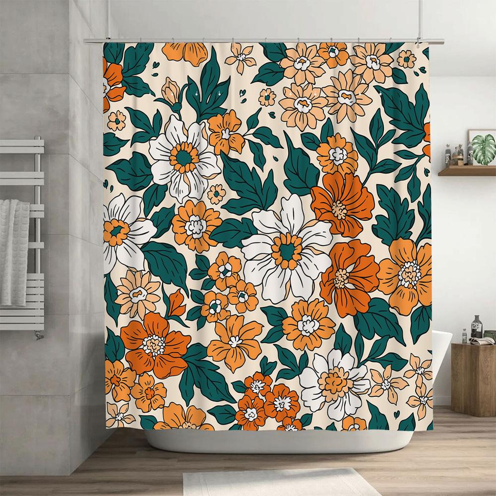 Luxury Floral Shower Curtain Set Waterproof Bath Decor With Orange White Flowers Print Modern Home Decor For Bathroom Available