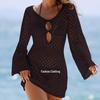 European & American V-Neck Long-Sleeve Hollow Texture Holiday Dress with Backless Design
