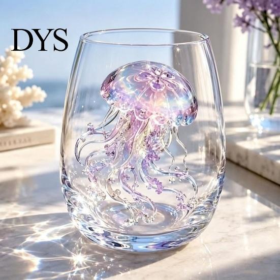 Luxuriöses Dekorative Glas 3D Tier Stielloses Weinglas, Meeresinspirierte Details Elegantes Klares Haus Getränkeglas, Langlebig für Küche Und Strand Getränke