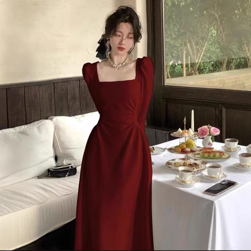 Red long-sleeved dress, female engagement dress, bridal toast dress, usually can wear red skirt, long dress