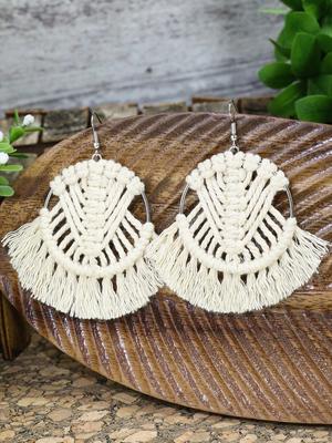 Boho geometrické ručně tkané náušnice s třásněmi v etnickém stylu