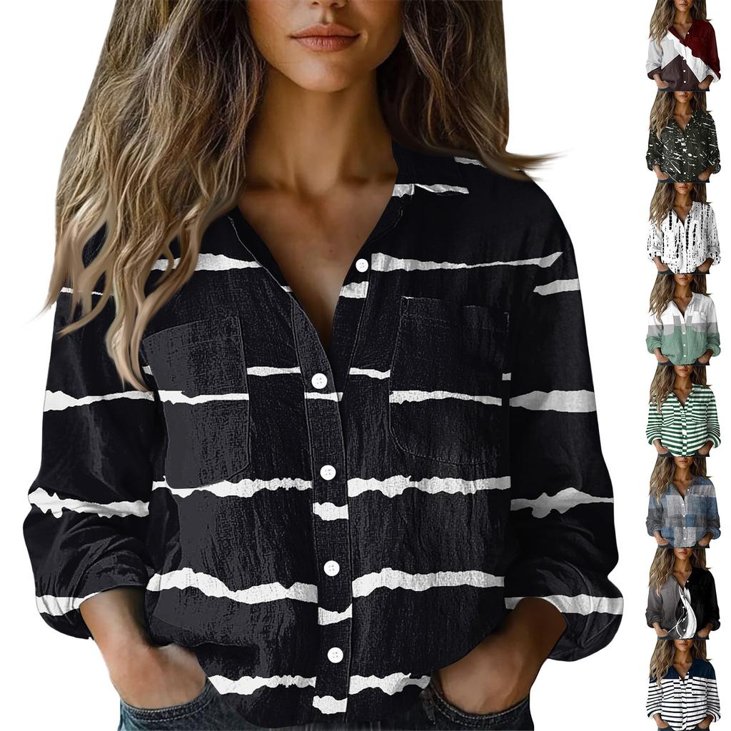 Women's Fashion Button Lapel Pocket Casual Shirt Striped Geometric Long Sleeve Top