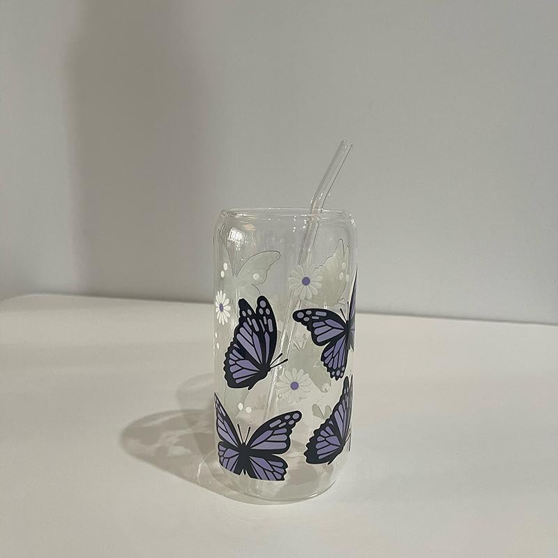 

Kawaii Butterfly Glass Cup With Bamboo Lid And Straw 500ml Glass Cups Iced Hot Coffee Beer Glasses Cute Tumbler Cup for Gift 500ml