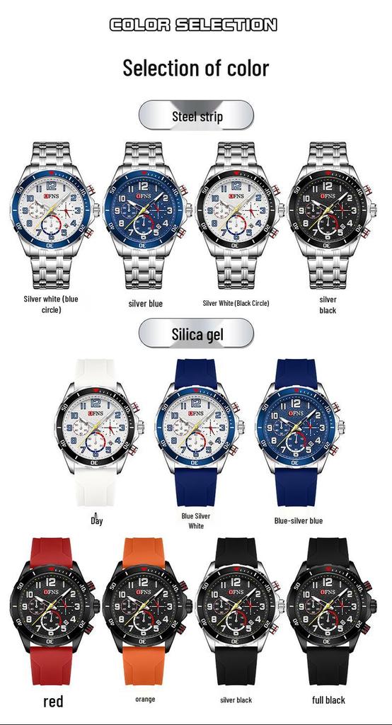 OFNS Men's Waterproof Quartz Chronograph with Silicone Strap and Steel Band, Business Calendar, and Small Second Display.