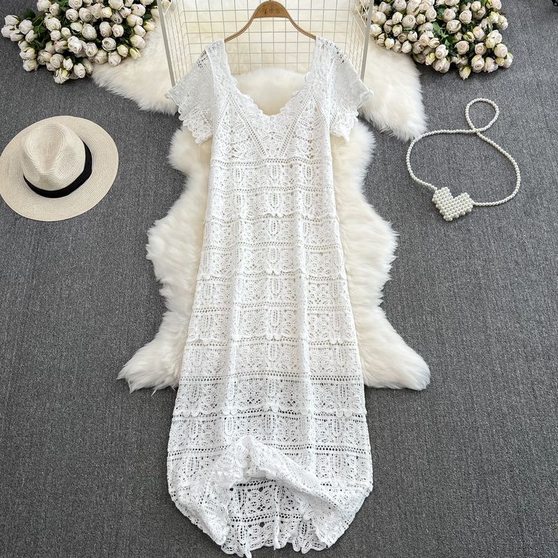 French Summer V Neck A- Line Crochet Cut Out Lace Long Dress