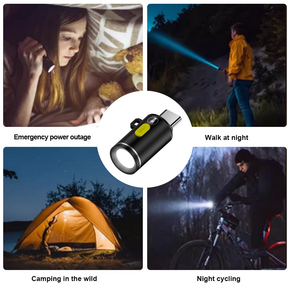 LED Outdoor Keychain Flashlight Type C Powered Mini Pocket Flashlight Small Emergencies Light for Camping Hiking Emergencies