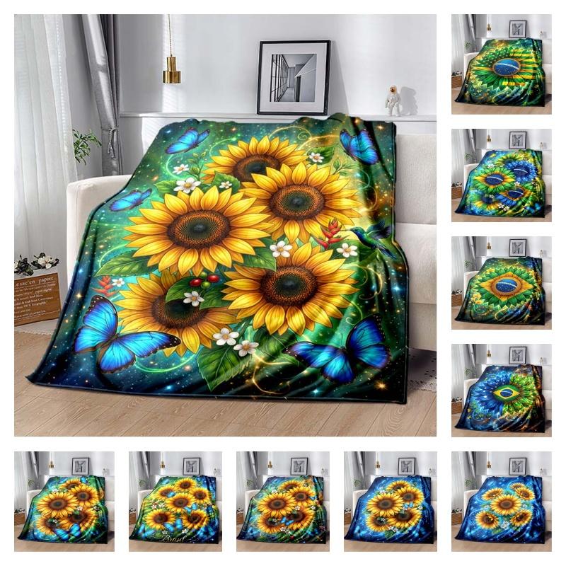 Manta de Franela con Estampado de Girasol y Mariposa Azul, Manta Acogedora con Fondo de Cielo Estrellado