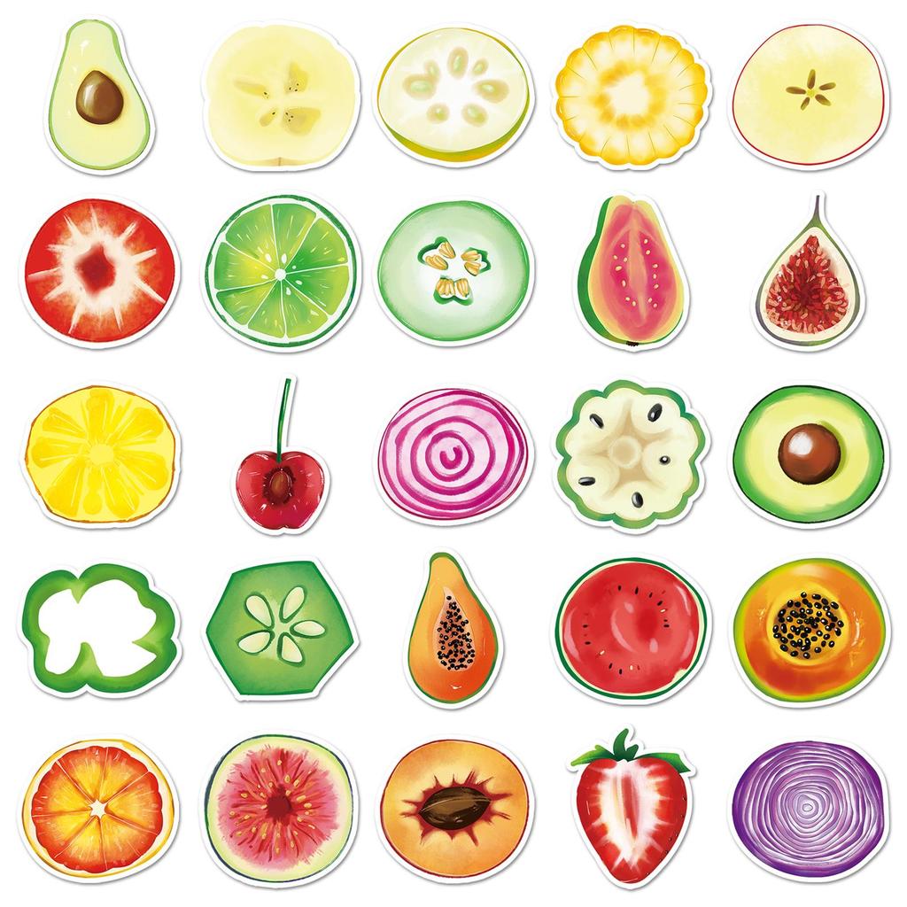 50 Fruit & Vegetable Cartoon Stickers - Waterproof Graffiti Decorative Decals (50 Sheets)