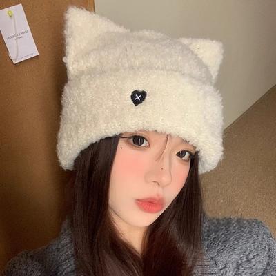 Καπέλα για Γυναίκες Πλεκτό Χαριτωμένο Πλεκτό Καπέλο με Αυτιά Γάτας Κέντημα Καρδιάς Πλεκτό Μάλλινο Καπέλο Χειμώνα Ζεστό Προστασία Αυτιών Κρύο Καπέλο