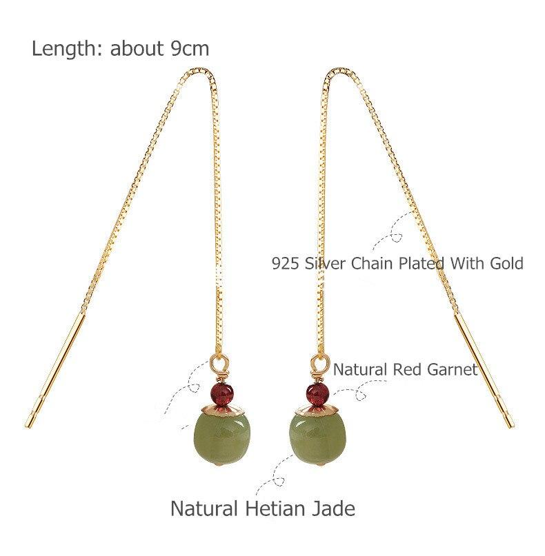 925 Sterling Silver Chain Hetian Jade Gold Line Drop Long Earring Female Ear Line Red Garnet Bead Jewelry Gift For Lover Wedding