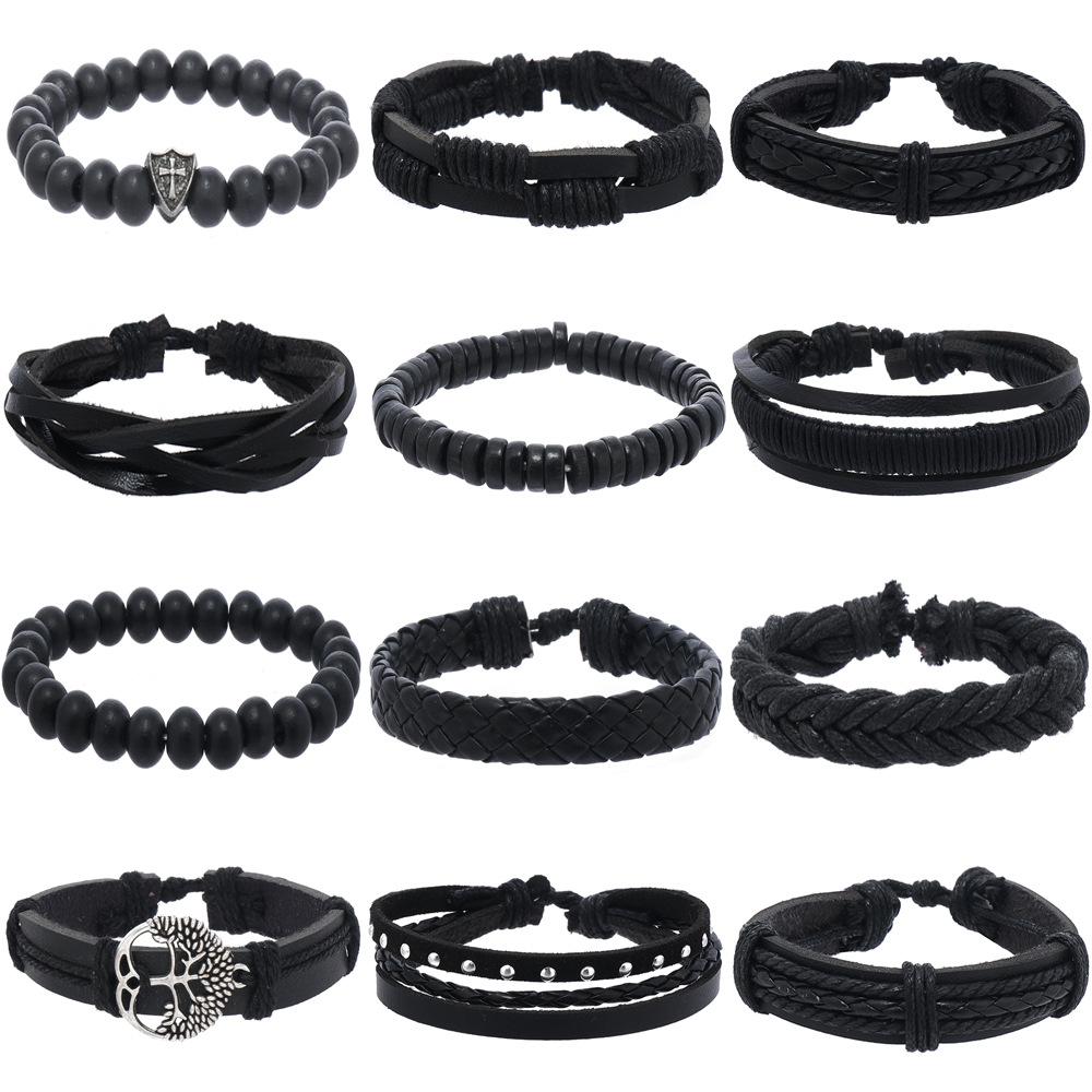 Трансграничный новый набор из 12 многослойных плетеных браслетов, Черная кожаная веревка  Древо Жизни , производители оптовой торговли ювелирными изделиями