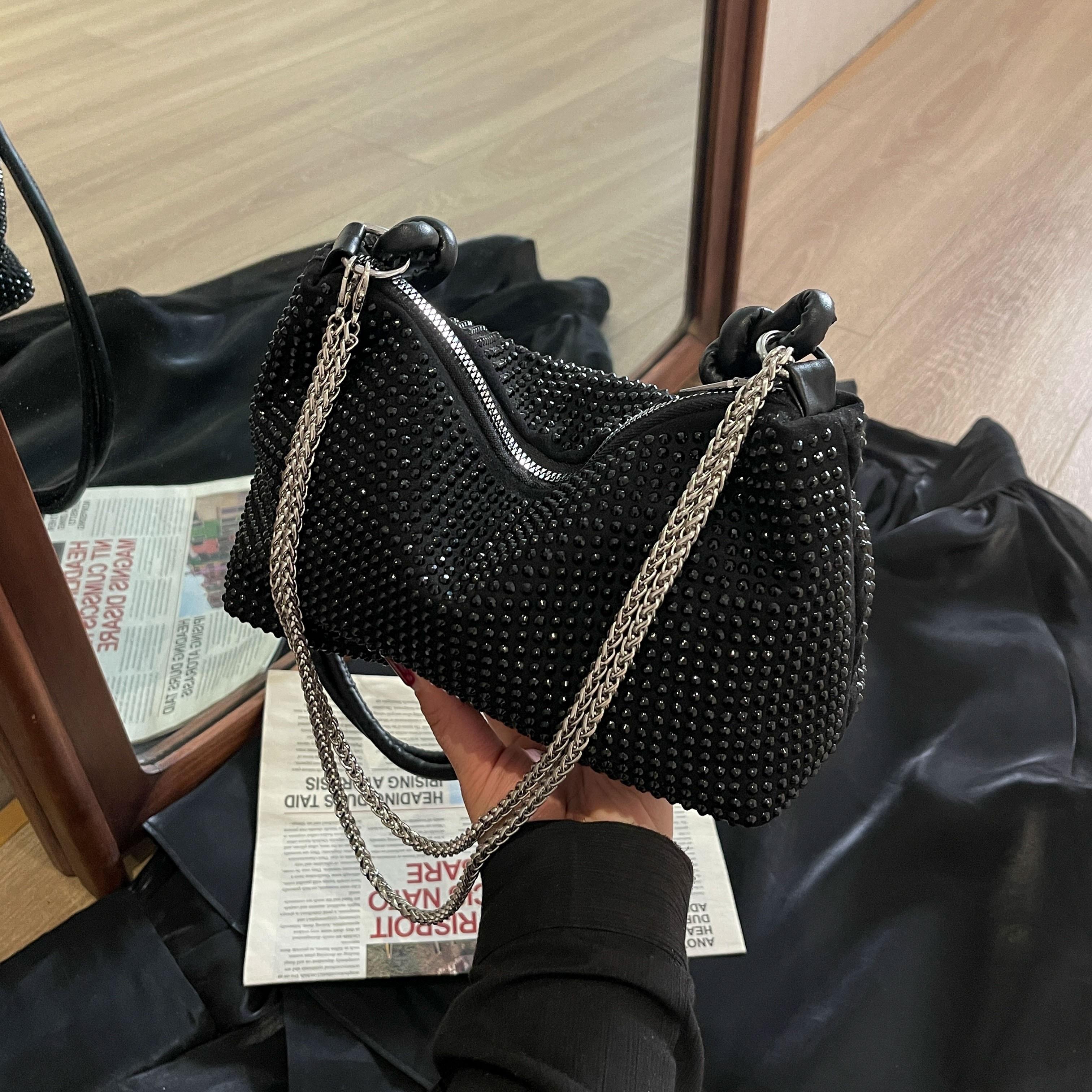 New fashionable and versatile niche artificial diamond velvet women s bag, shoulder crossbody simple underarm evening bag, versatile bag. Black rhinestone shoulder