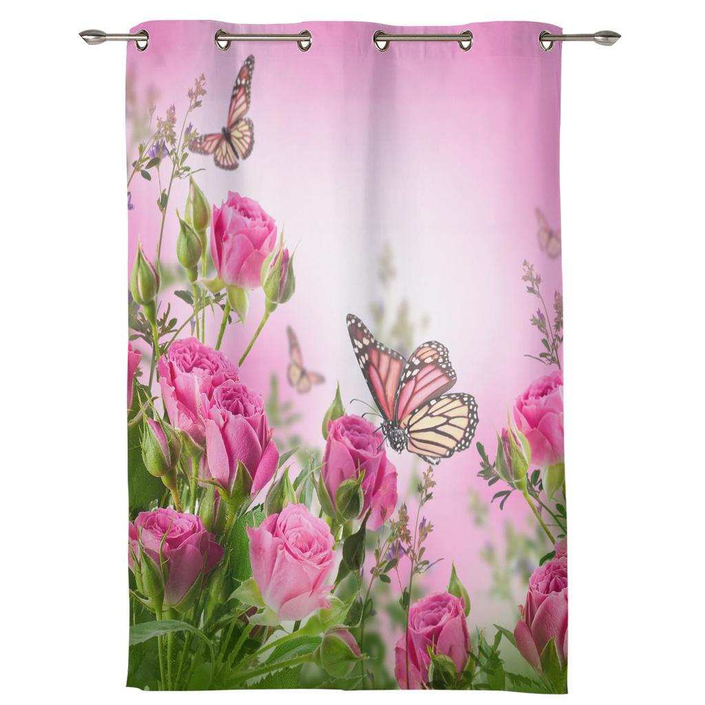 Pink Rose Flower Butterfly Curtains for Bedroom Living Room Drapes Kitchen Children's Room Window Curtain Modern Home Decor