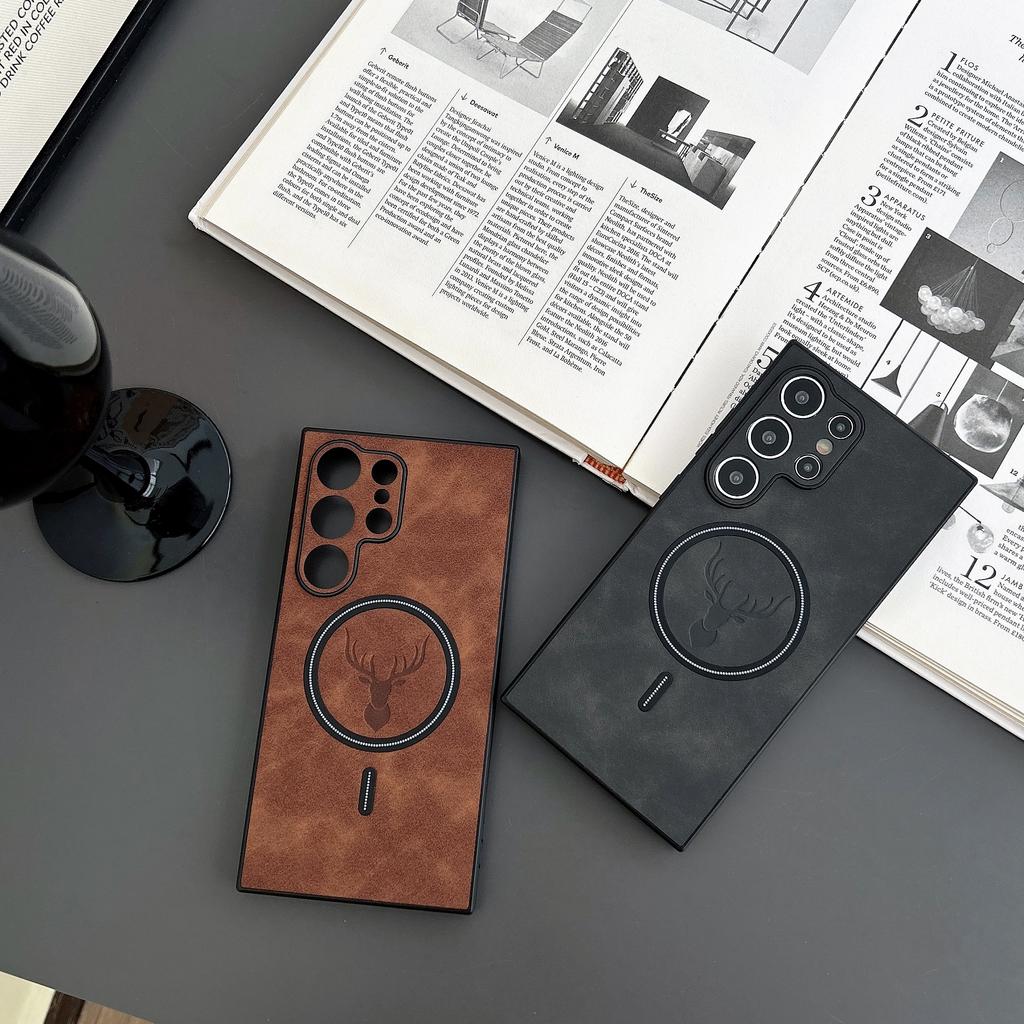 Luxury Leather Deer Case For Samsung Galaxy S26 S25 S24 S23 S22 S21 Plus Ultra For Magsafe Magnetic Wireless Charging Back Cover