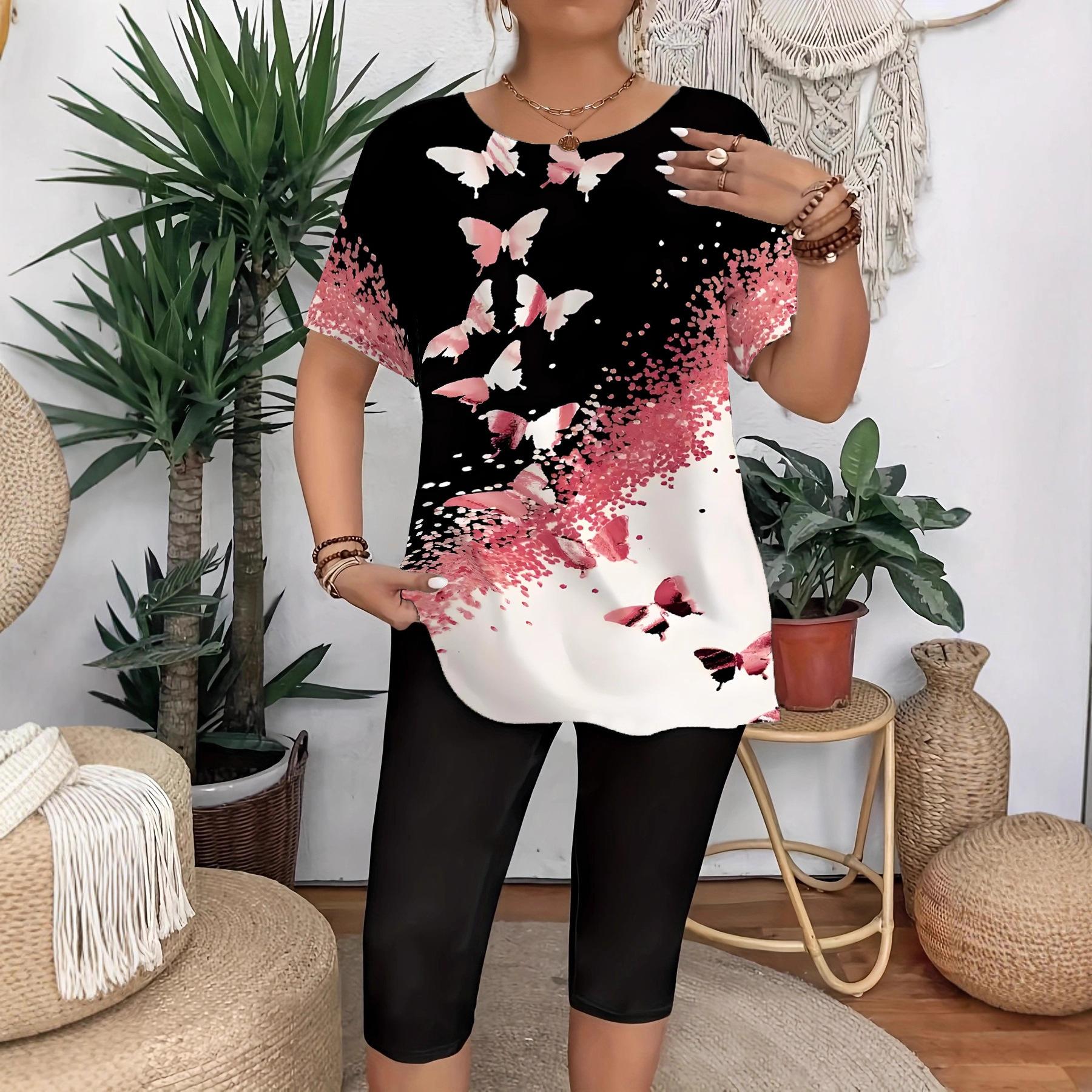 2026 New Casual and Fashionable Women s Plus Size Butterfly Print Round Neck T-shirt 1XL чёрный