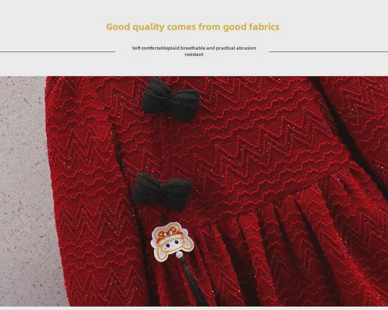 Girls' Red Velvet Cheongsam Dress - Autumn/Winter Fashion for Middle To Large Children