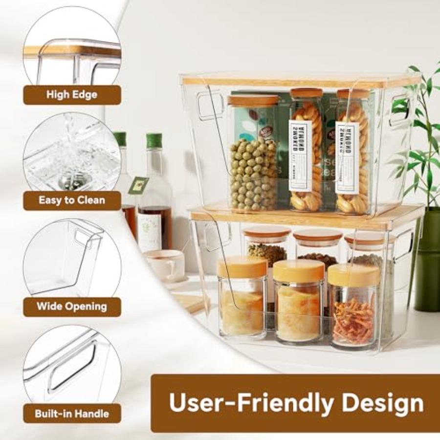 2 Set Pantry Organizers with Bamboo Lids Stackable Clear Bins for Potato Fruit Vegetable Storage Kitchen and Under Sink Organiz