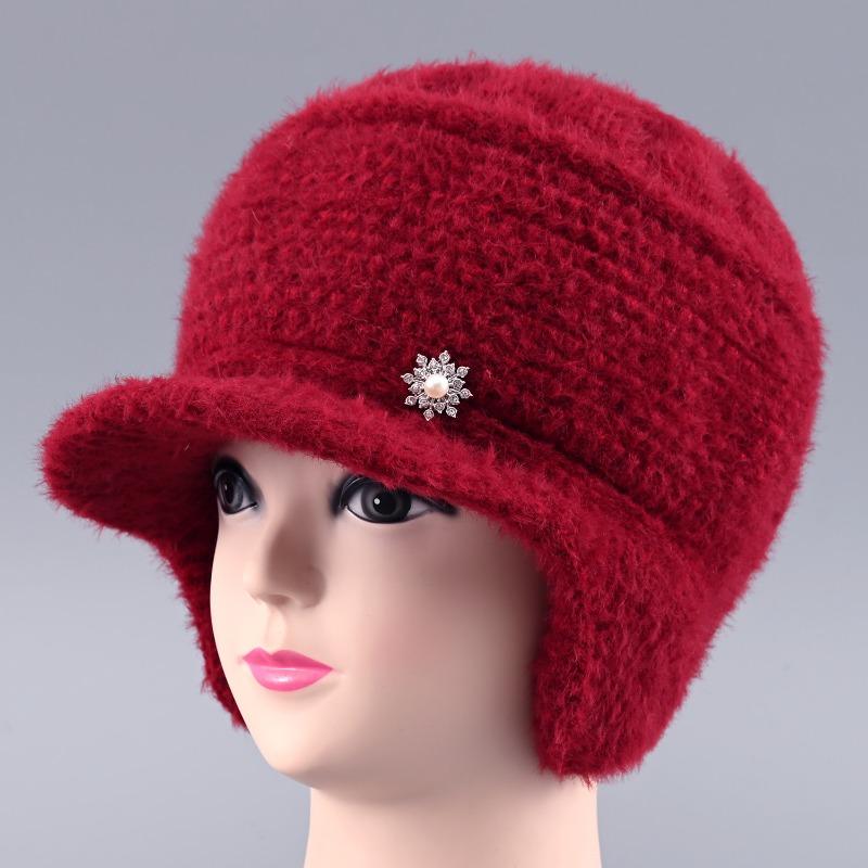 Hat Female Winter Rabbit Hair Warm Wool Hat Old Lady Cold Protection Ear Protection Knitted Hat