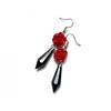 Vintage Victorian Black Teardrop Earrings with Red Roses