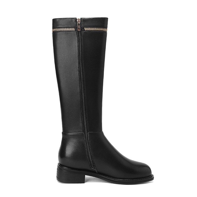 Krazing Pot Cow Leather Autumn Winter Shoes Thick Med Heels Big Size 45 Size 44 Zipper Decoration Women Keep Warm Knee Boots