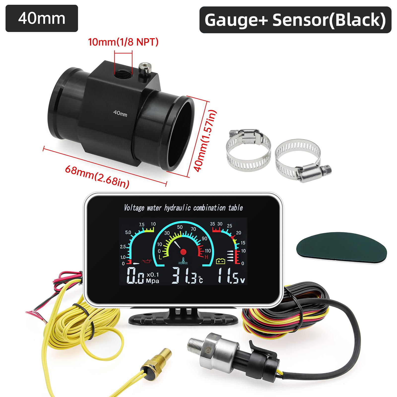 

ZMFJH Мульти РК-індикатор 3В1 Манометр тиску масла+Вимірювач температури води+Вольтметр з датчиком температури у патрубку 26мм-40мм для автомобіля 12В 24В 40mm Black