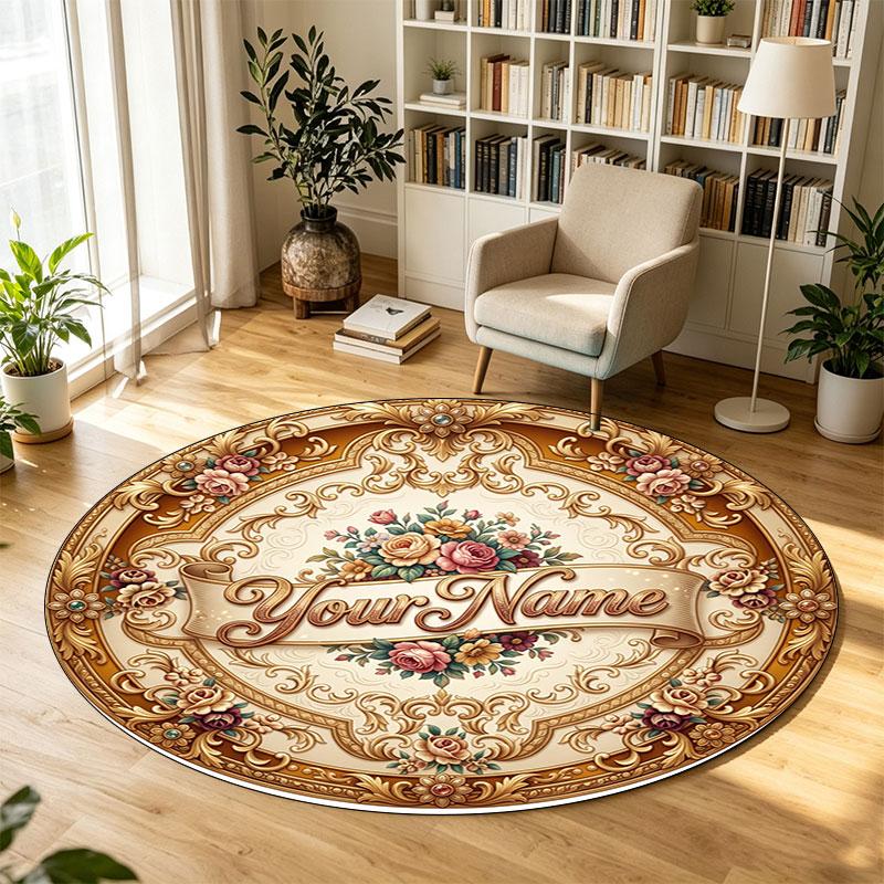Floral Flowers (887) Theme Circular Crystal Velvet Carpet Customized Name & Text Round Soft Floor Rug For Living Room Bedroom Decor