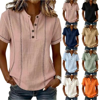 Short Sleeve Henley Linen Shirt with Button Front and Vertical Detailing for Women Casual Fit