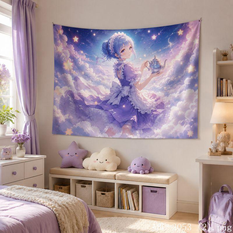 Pastel Galaxy Anime Girl Aesthetic Tapestry Soft Dreamy Starry Cartoon Wall Hanging Teen Dorm Bedroom Otaku Home Wall Decor