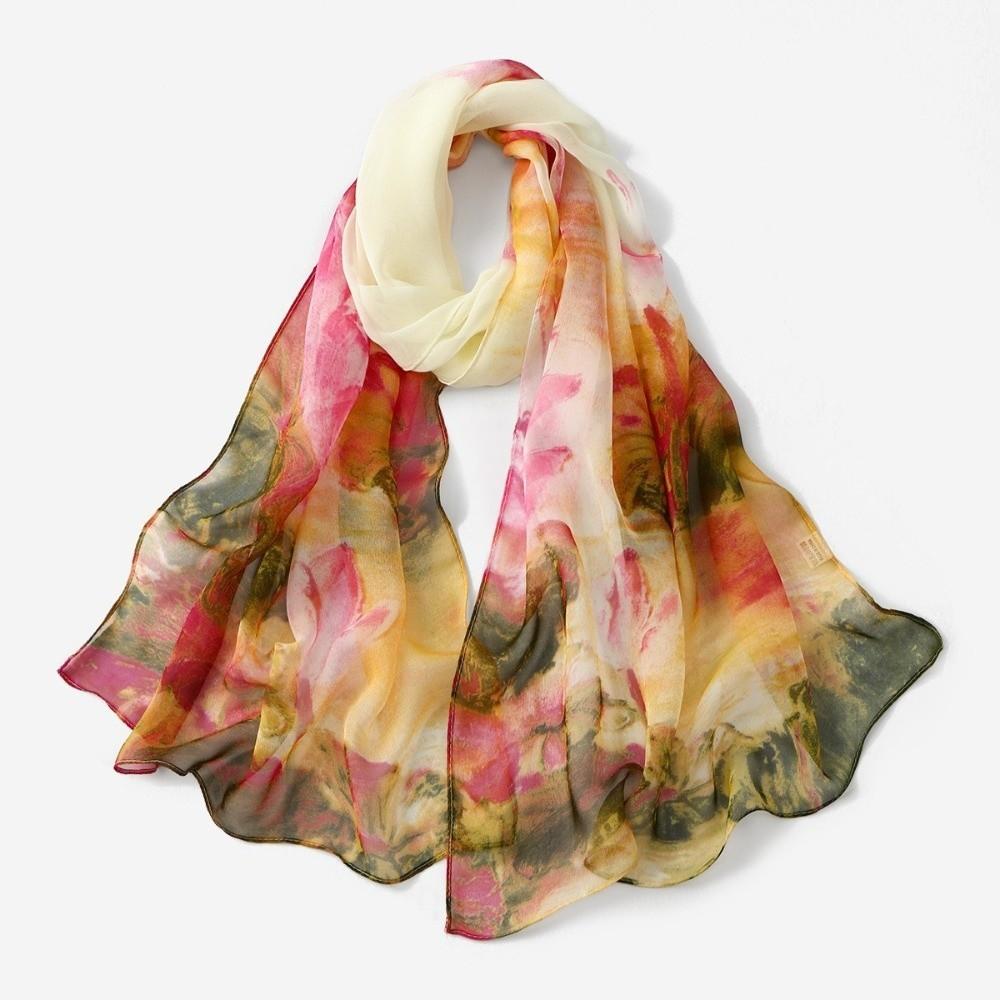 New Lotus Printing Silk Scarf Korean Style Long Scarves Elegant Long Wraps Women