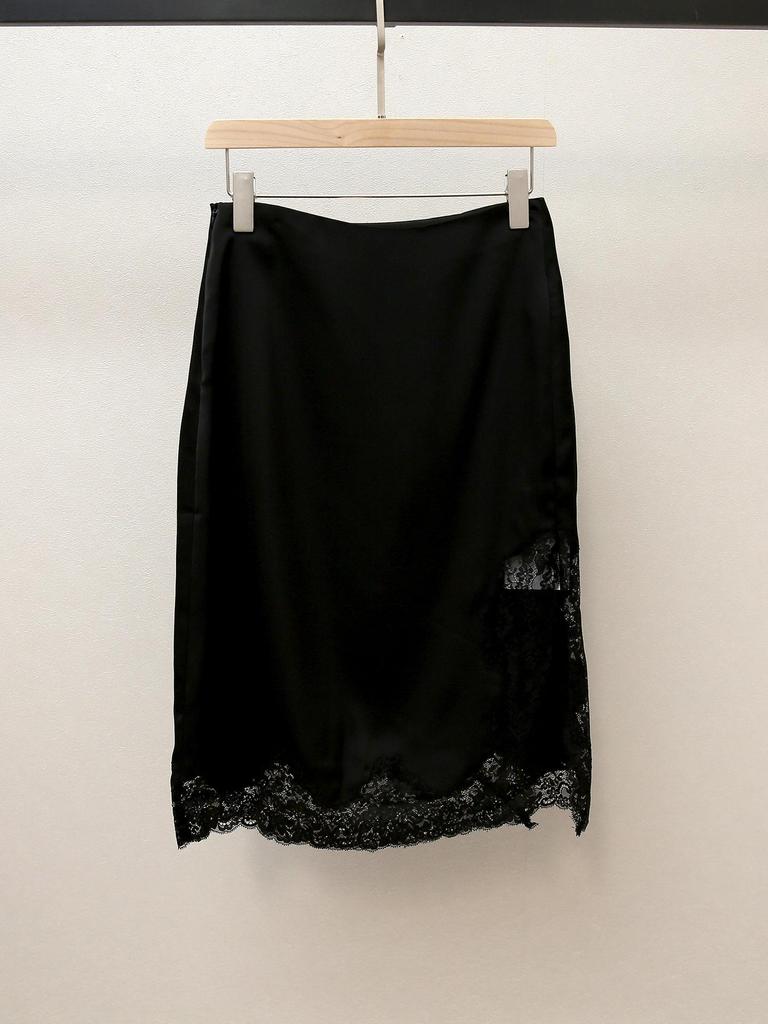 Elegant French A-line Satin Midi Skirt with Lace Trim