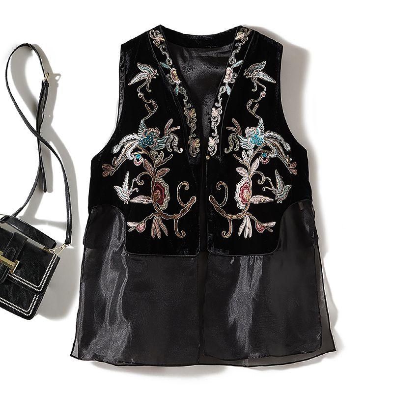 

Really Big Craft! Chinese Women s Long Fake Two-Piece Flannel Positioning Embroidered Deep V-neck Vest Spring and Autumn Coat Black L