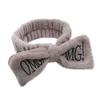 Soft Plush Bow Headband Elastic Stretch Hairband for Face Washing Makeup Spa and Skincare Routine with Embroidered Lettering Design