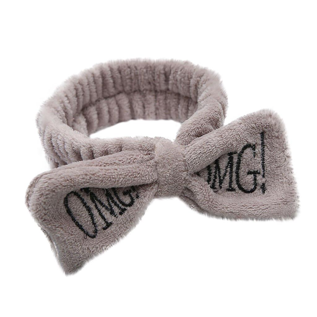 Soft Plush Bow Headband Elastic Stretch Hairband for Face Washing Makeup Spa and Skincare Routine with Embroidered Lettering Design