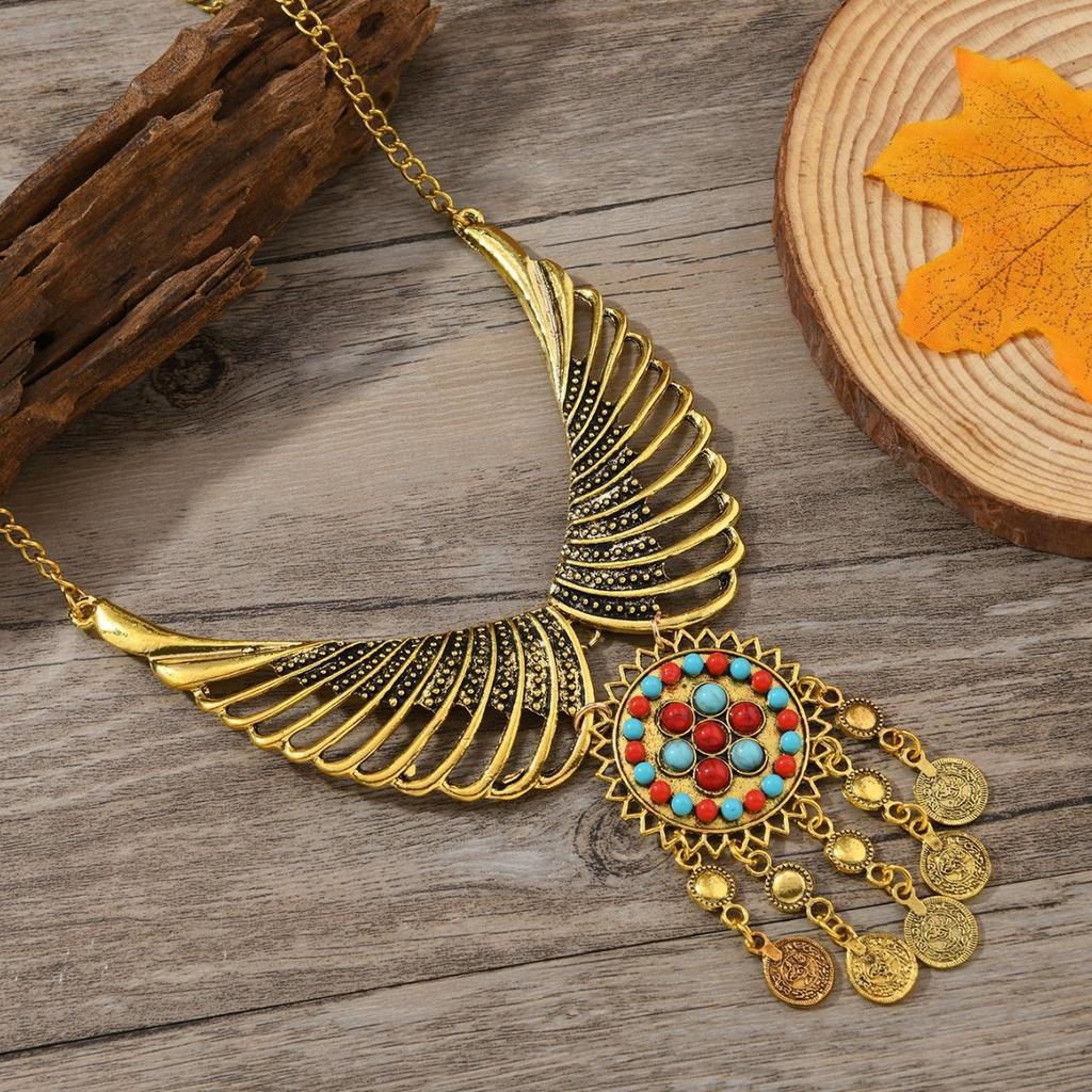 Bohemian European and American Retro Exaggerated Personality Angel Wings with Diamonds Ethnic Wind Collarbone Chain