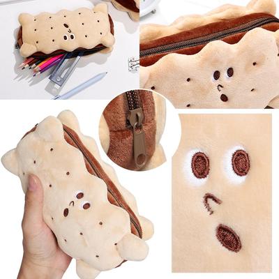 Cute Biscuit Shape Plush Sandwich Style Pen Storage Pencil Case Stationery Bag Student Supplies