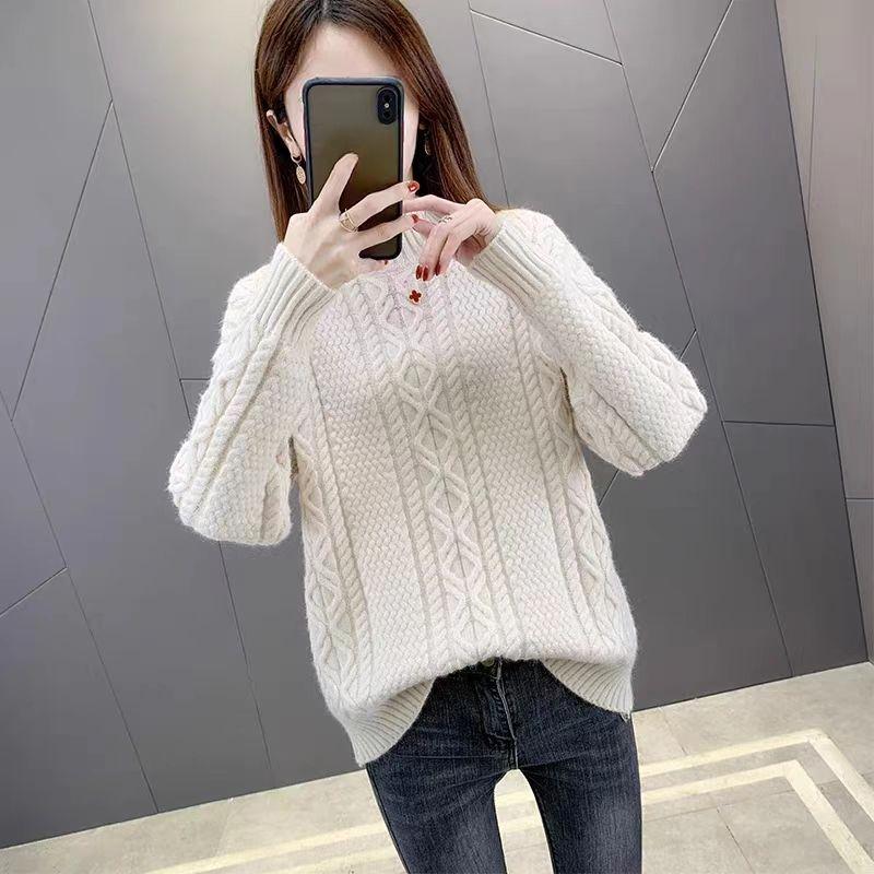 Pulover cu guler semi-înalt, pulover Răsucit cu aluat prăjit pentru tricotaje de damă toamnă și iarnă, palton exterior larg, palton de bază îngroșat