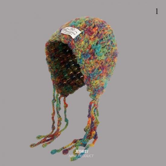 Ladies Rainbow Knit Hat Casual Tassel Braid Warm Cap Winter Beanie Hat Ethnic 1
