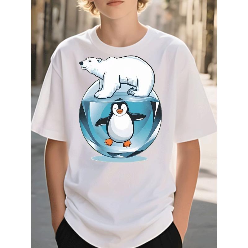 Boys Black Polar Bear Penguin Iceberg Globe Print Crewneck Tee, Street Style Daily Top 110